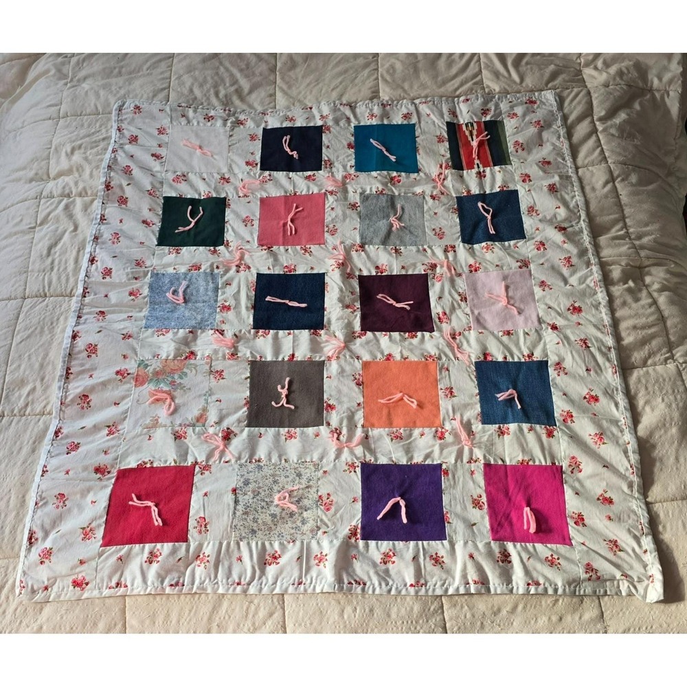 Handmade Tied Patchwork Quilt 43x39 Floral Pink Gingham Kid/Small Lap Blanket